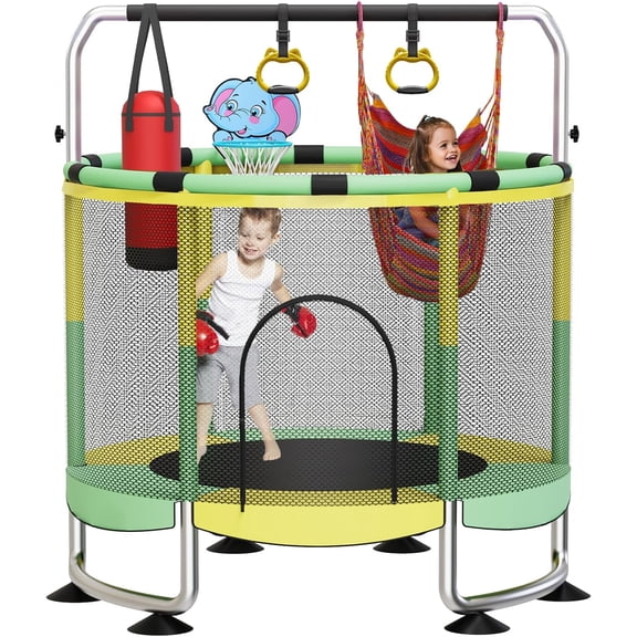 Trampoline for Kids, 60" Toddler Trampoline Indoor Outdoor, 440lbs KidsTrampoline with Enclosure Net, Upgraded Ring Legs with Adjustable Gymnastics Bar, Gifts for Ages 1-8 Boys&Girls