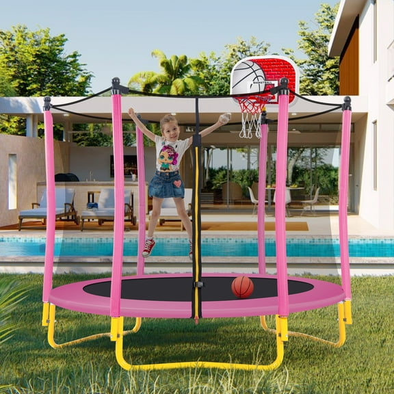 Trampoline for Kids, 65" Toddler Mini Trampoline with Enclosure Net, 5.5FT Indoor/Outdoor Kids Trampoline with Basketball Hoop/Basketball for Boys Girls Age 1-8, Pink