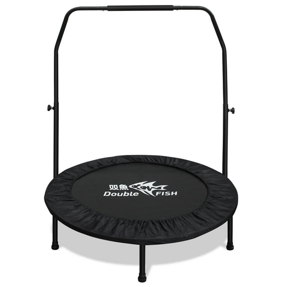 Trampoline For Kids DOUBLE FISHHigh-Quality Adjustable Foam Handle 1 Mini Trampoline 40" - Supports Up To 400lbs, Black Rectangular Fitness Rebounder For Adults - Ideal For Indoor & Outdoor Workouts