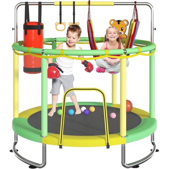 Trampoline for Kids, Upgrade Full Anti-Rust 440lbsToddler Trampoline with Net,Upgraded Ring Legs with Adjustable Gymnastics Bar&Toys, Gifts for Ages 1-8 Boys&Girls