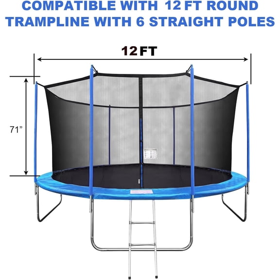 Trampoline Net Replacement with 6 PoleCaps, 12ft 14ft 15 ft Round Frame,  and Breathable Trampoline Net with Adjustable Straps, Zippers, Protection Buckles, Black