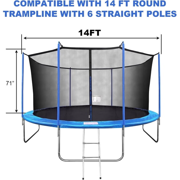 Trampoline Net Replacement with 6 PoleCaps, 14FT Round Frame,  and Breathable Trampoline Net with Adjustable Straps, Zippers, Protection Buckles, Black