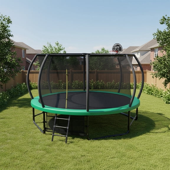 Trampoline Outdoor 14FT with Safety Enclosure, Non-Slip Ladder and Anti-Rust Coated Frame, for Backyard, Green