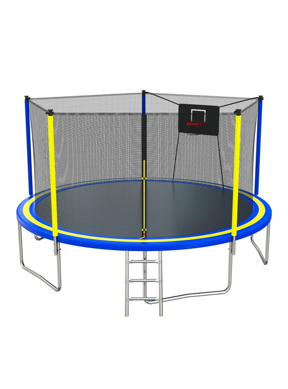 Trampoline with Safety Enclosure Net, 14FT SEGMART Recreational Round Trampoline with Basketball Hoop and Ladder, Heavy Duty Kids Outdoor Trampoline for Indoor Outdoor Backyard, Blue
