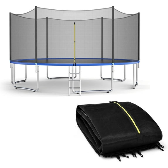 Trampoline Safety Net, 8 10 12 14 15 16Ft Weather-Resistant Replacement Enclosure Net for Round Frame, with Double-Headed Zippers, Protection Buckles & Enhanced Hook, Poles Not Included