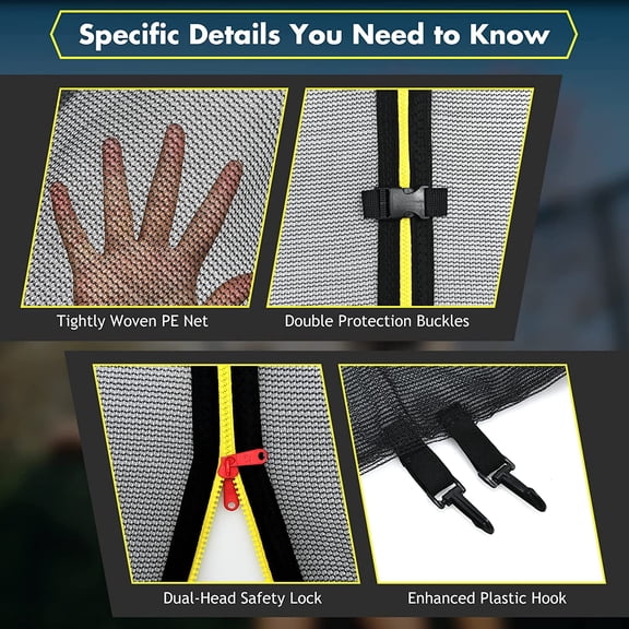 Trampoline Safety Net Replacement Enclosure for 15ft Round Frame with Double-Headed Zippers and Protection Buckles