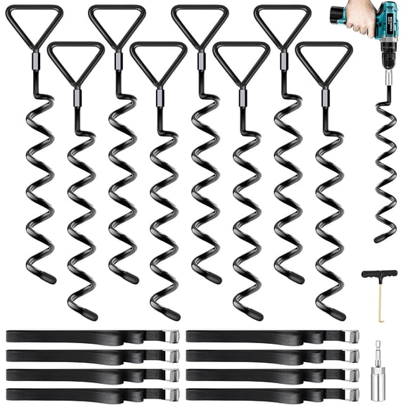 Trampoline Stakes Ground Anchors Screw in, Trampoline Anchors with Strong Straps, Spiral Earth Swing Set Anchor Heavy Duty for Trampolines(Black-8Pack)