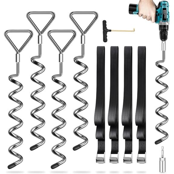 Trampoline Stakes Ground Anchors Screw in, Trampoline Anchors with Strong Straps, Spiral Earth Swing Set Anchor Heavy Duty for Trampolines(Silver-4Pack)