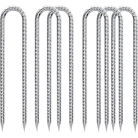 Trampoline Stakes Heavy Duty - 12 Inch U Shaped Garden Stakes 8mm Galvanized Steel Wind Stakes for Trampoline Safety Anti-Rust 6 Pack High Wind Rebar Stakes for Tent, Swing Set Fence