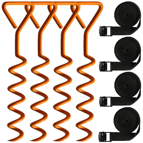 Trampoline Stakes Tent Garden Stake Heavy Duty Trampoline Parts Tent Canopies, Carports,Swing Sets Stake Corkscrew Shape Steel Stakes Anchor Kit,Bonus 4 Strong Belt,Orange