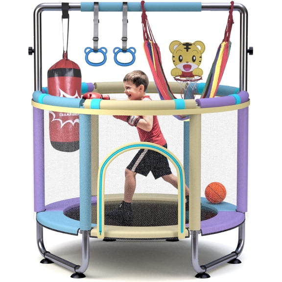 Trampoline for 55inch Mini Small Trampoline Outdoor Indoor Basketball Hoop, Swing, for , & Ages 3-6