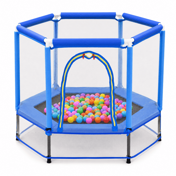 Mini Trampoline for Kids, 55'' Toddler Small Trampoline with Enclosure Net, Indoor Outdoor Toy for Boys Girls, with Ocean Balls, 6 Steel Supports, Blue
