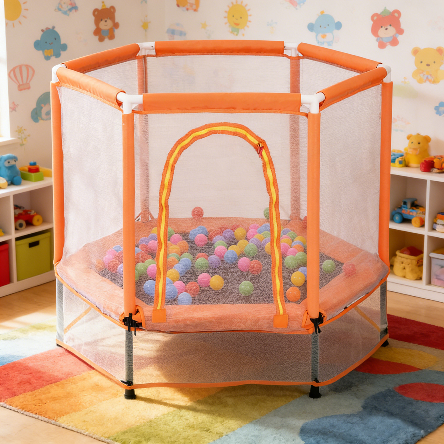 Mini Trampoline for Kids, 55'' Toddler Small Trampoline with Enclosure Net, Indoor Outdoor Toy for Boys Girls, with Ocean Balls, 6 Steel Supports, Orange