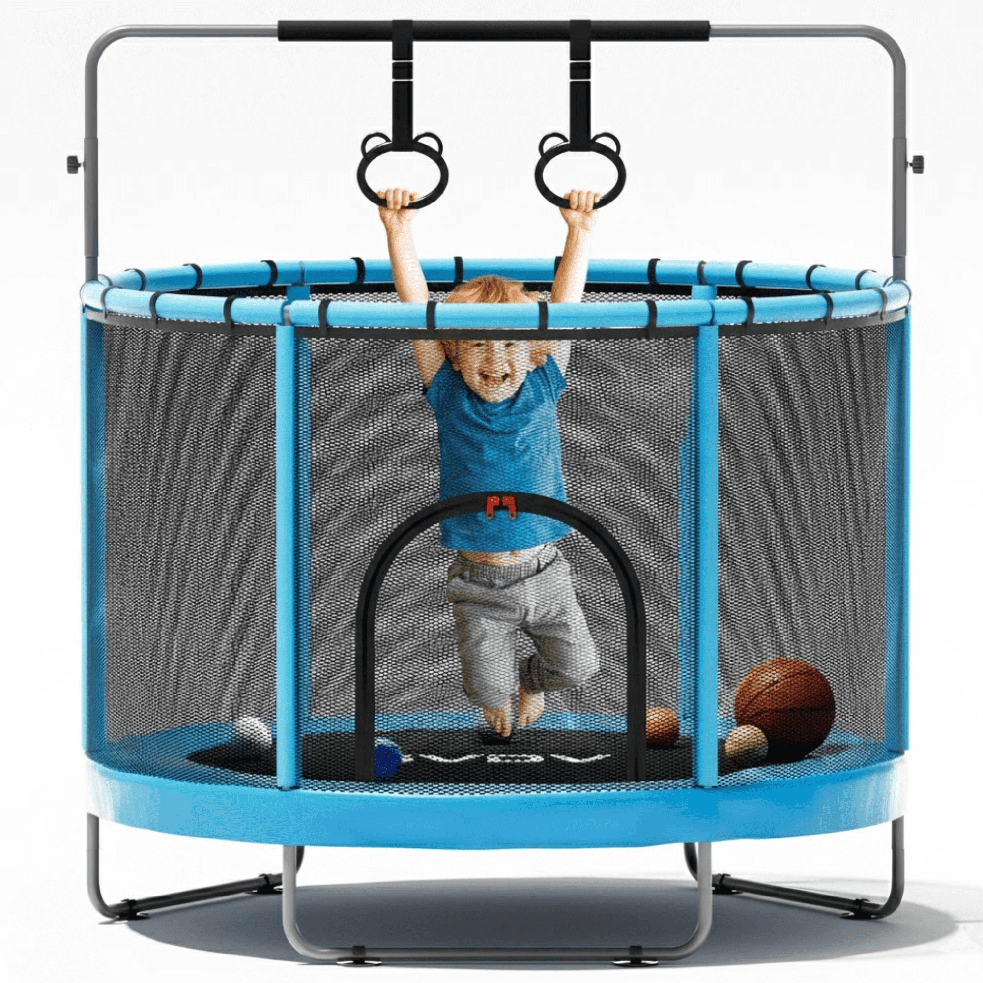 Trampoline for Kids, 60" Toddler Mini Trampoline with Enclosure Net, Basketball Hoop