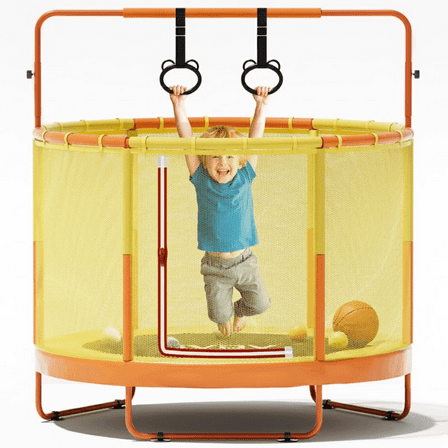 GVDV Trampoline for Kids, 60" Toddler Mini Trampoline with Enclosure Net, Basketball Hoop