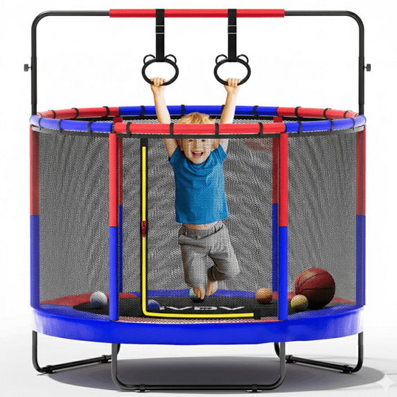 Trampoline for Kids, 60" Toddler Mini Trampoline with Enclosure Net, Basketball Hoop