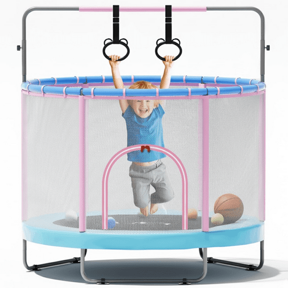 GVDV Trampoline for Kids, 60" Toddler Mini Trampoline with Enclosure Net, Basketball Hoop