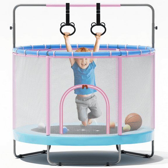 GVDV Trampoline for Kids, 60" Toddler Mini Trampoline with Enclosure Net, Basketball Hoop
