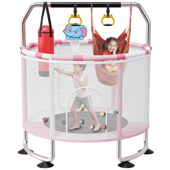 Trampoline for Kids, Adjustable Hight Toddlers Trampoline for Outdoor, Great Gift for Boys & Girls, 400lbs,Pink & White