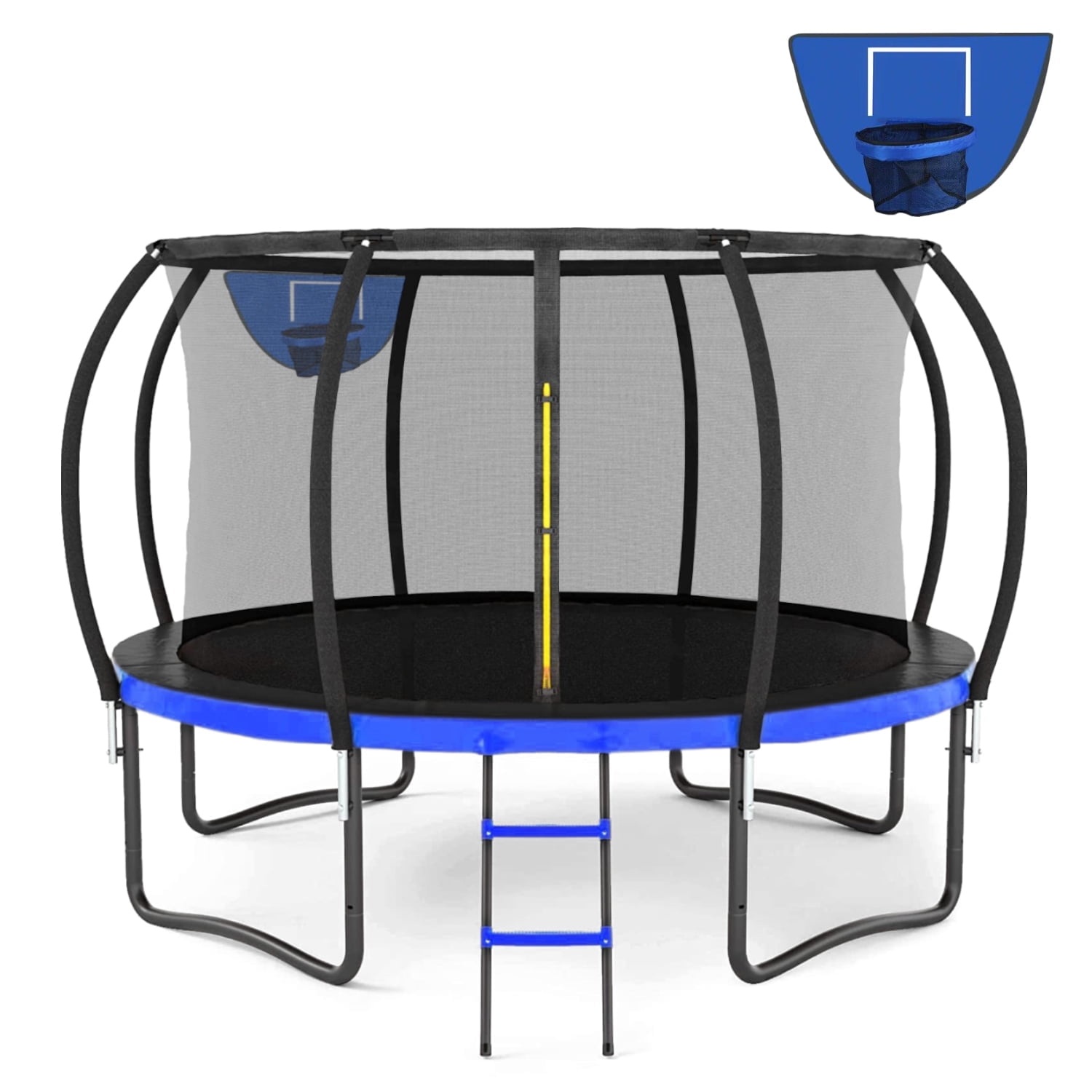 12FT Black and Blue Round Trampoline with Enclosure and Basketball Hoop