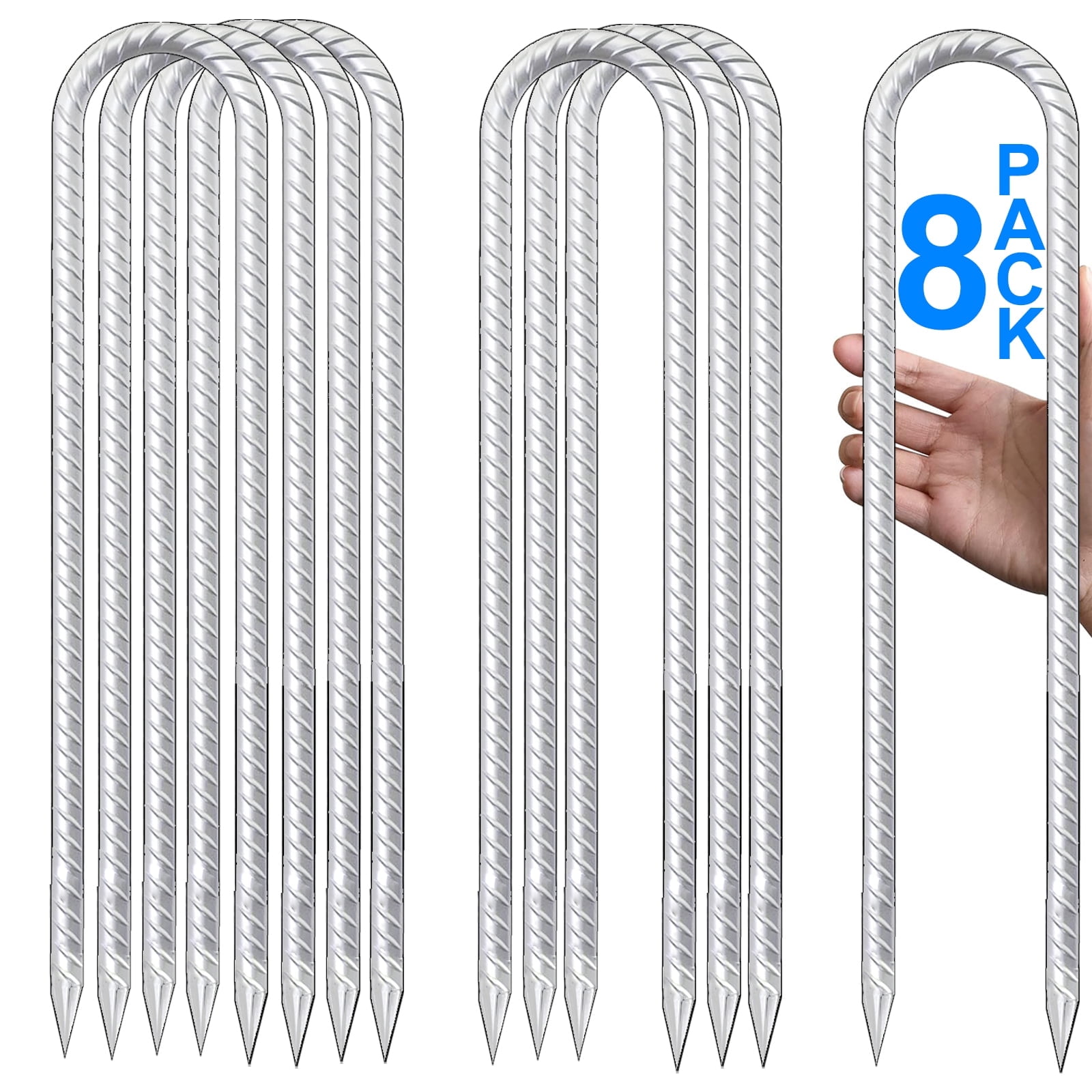 Trampolines Wind Stakes 12 Inch, U Shaped Rebar Stakes Heavy Duty, Safety Ground Anchor Galvanized Steel Wind Stakes for Camping Tents, Soccer Goals, Canopy, Garden, Yard, 8 Pack