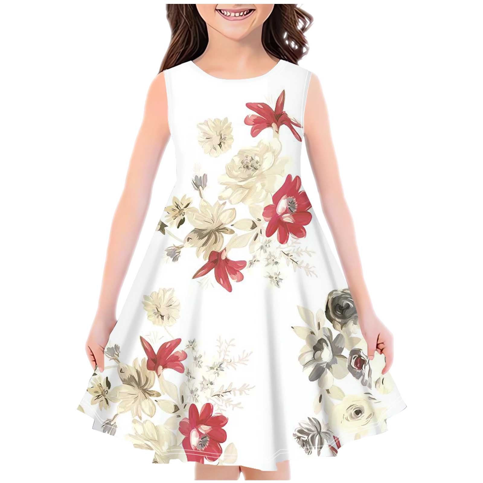 Tranfacy Big Kids Girls Summer Sleeveless Round Neck Print Dress for ...