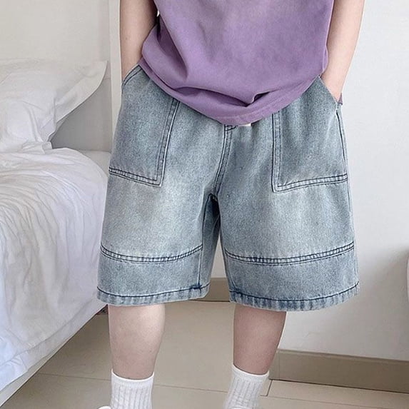 Tranfacy Toddler Boys 5-16 Years Summer Shorts Solid Textured Patch Pocket Mid Waist Denim Half Pants