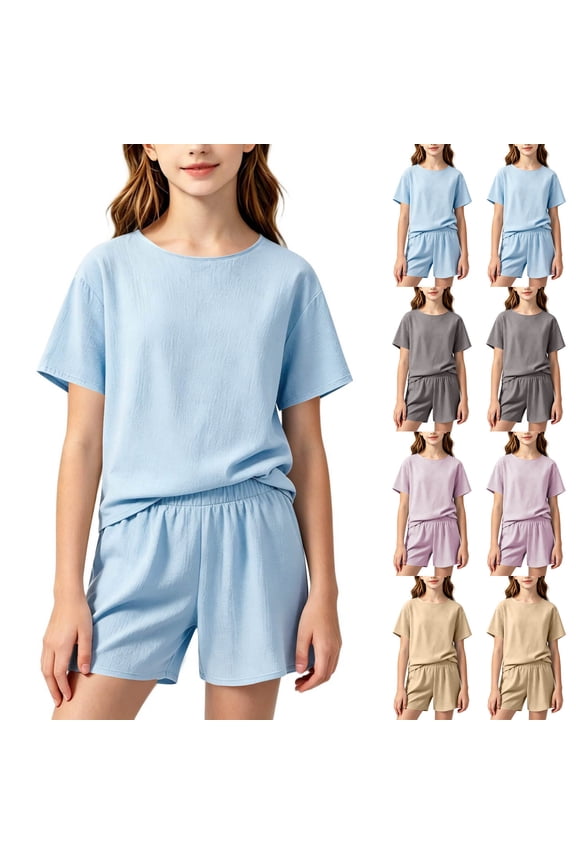 Boys and Girls 11-18Y Solid Linen Texture Round Neck Short Sleeve Shorts Casual Sports Short Sleeve Round Neck Suits