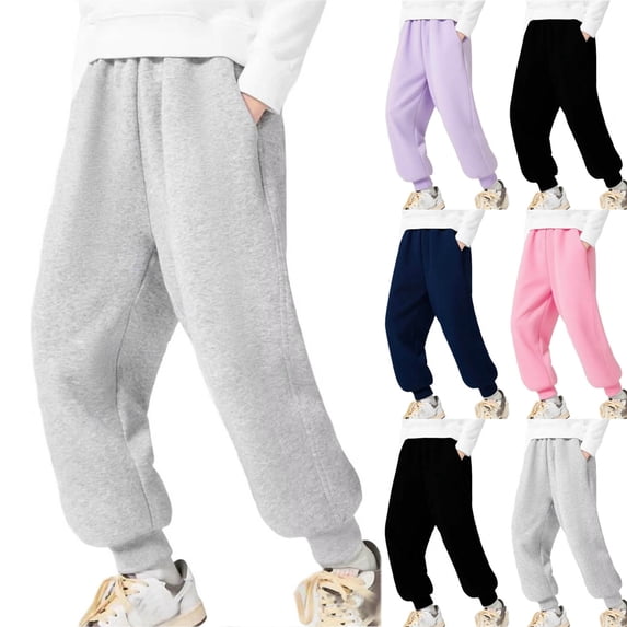 Tranfacy Boys and Girls 3-13 Years Fall Winter Pants Fleece Lined Thickened Solid Elastic Waist Side Pockets Jogger Casual Sports Sweatpants Trousers