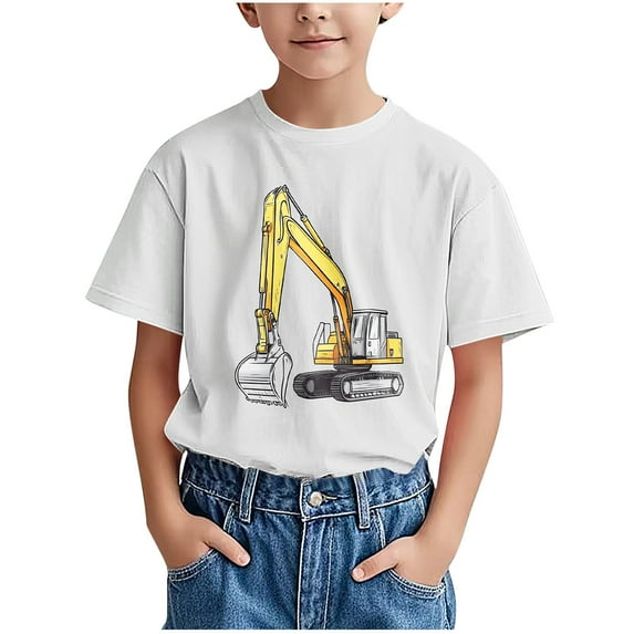 Tranfacy Children Short Sleeve Round Neck T‑Shirt Summer Machinery Print Casual Tops for 3 to 14 Years Old
