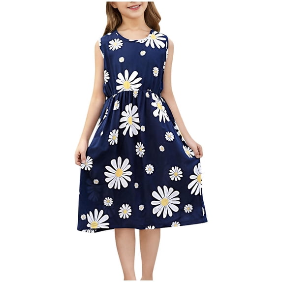 Tranfacy Dress for Toddler Girls Summer Print Sleeveless Round Neck Waist Cinched Rayon for 2‑11 Years