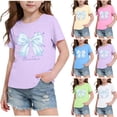thumbnail image 1 of Tranfacy Kids Girls 3-14 Years Summer Tops Short Sleeve Round Neck Bow Print Breathable Casual Daily Blouses Shirts, 1 of 5