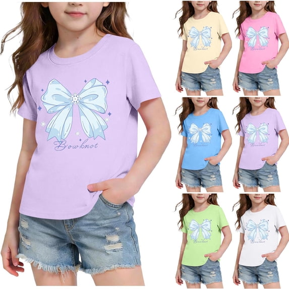 Tranfacy Kids Girls 3-14 Years Summer Tops Short Sleeve Round Neck Bow Print Breathable Casual Daily Blouses Shirts