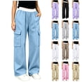 thumbnail image 1 of Tranfacy Girls 5-15 Years Fall Pants Solid Cargo Sweatpants Contrast Waistband Double Side Pockets Loose Sports Trousers, 1 of 3
