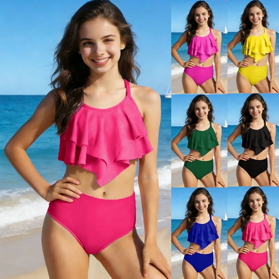 Tranfacy Girls 7-14 Years Summer Solid Ruched Detail Tankini Swimwear for Seaside