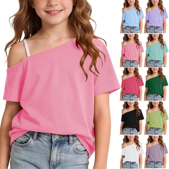Tranfacy Kids Girls 10-18 Years Summer Tops Short Sleeve One Shoulder Loose Fashion Daily Casual Blouses Shirts