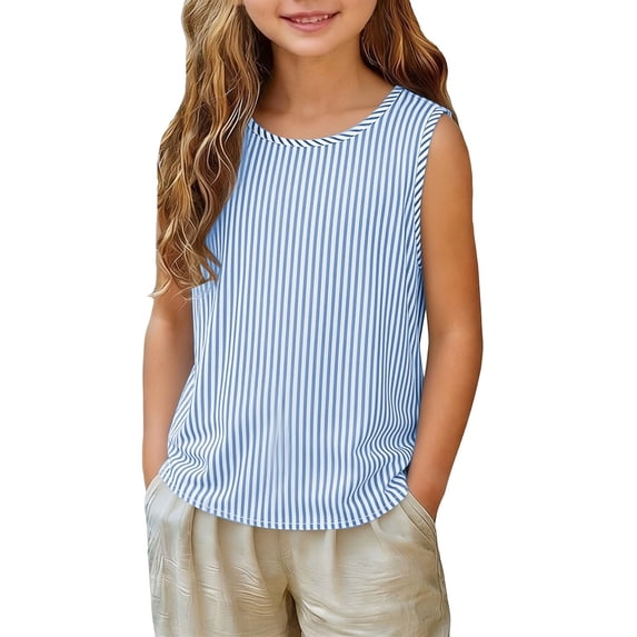 Tranfacy Girls Round Neck Tank Top Sleeveless Stripe Print Breathable Inner Outer Layering Shirts
