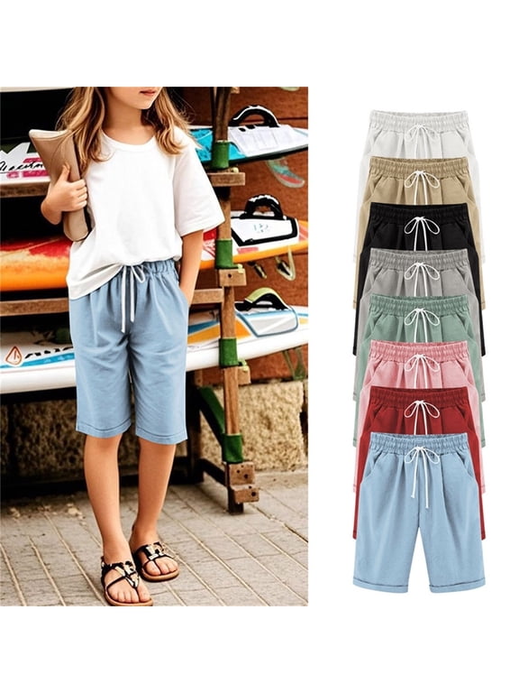 Toddler 3-13 Years Summer Half Pants Solid Faux Linen Drawstring Waist Side Pocket Knee Length Half Pants