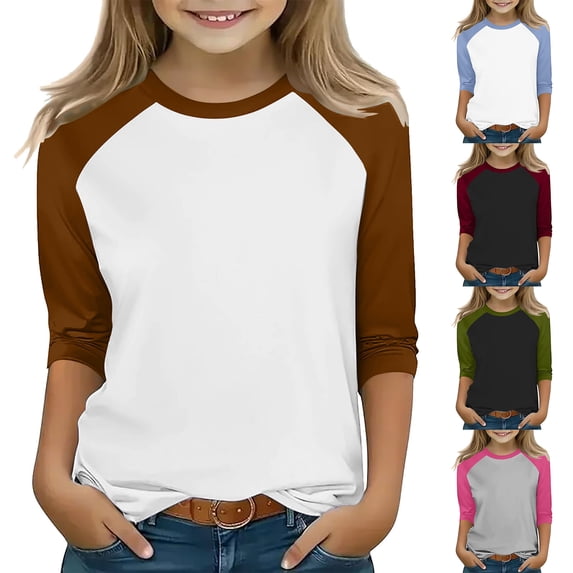 Tranfacy Kids 3-14 Years Fall Tops Crew Neck Solid Color Raglan Sleeve Leisure Daily Wear Blouse Shirt