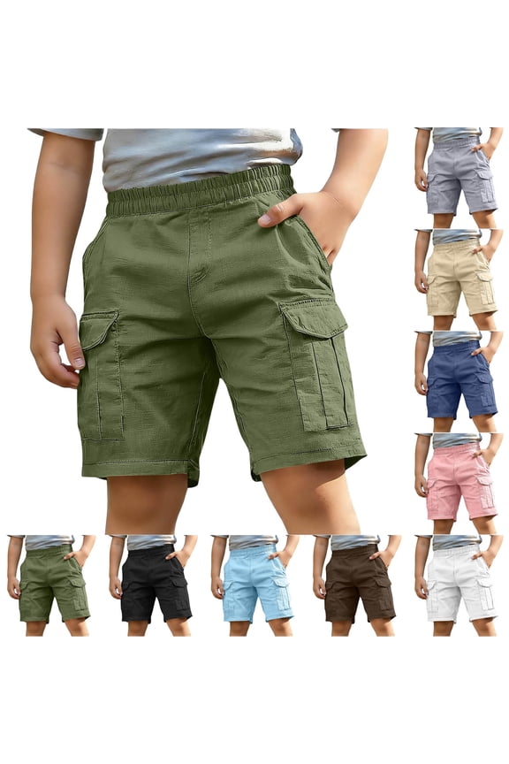 Kids 5-15 Years Summer Half Pants Solid Elastic Waist Faux Linen Cargo Pocket Half Pants