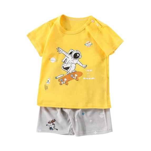 Tranfacy Kids 6M-6Y Summer Thin Round Neck Short Sleeve Home Suits Astronaut Print T Shirt Casual Shorts Matching Outfits