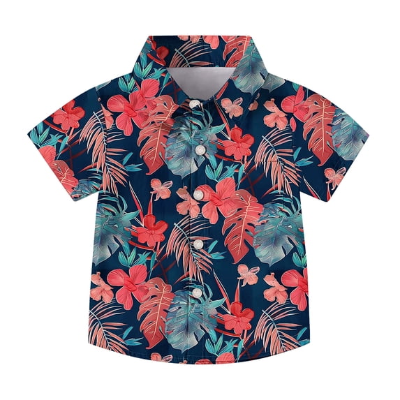 Tranfacy Kids Boys and Girls 2 to 15 Years Summer Short Sleeve Turndown Collar Blouses and Shirts Tropical Print Pocket Tops