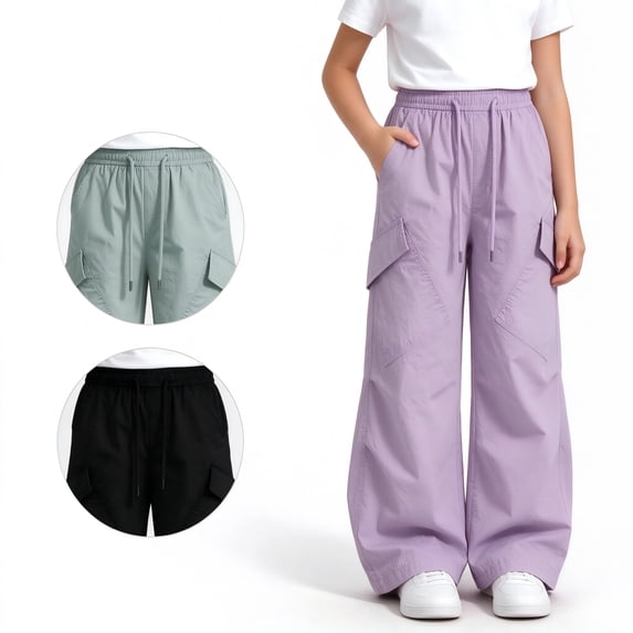 Poclets Tranfacy Kids Cargo Pants Solid Color Elastic Waist Wide Leg Casual ...