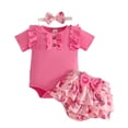 thumbnail image 1 of Tranfacy Kids Girls 0-18M Summer Solid Ruffle Sleeve Romper Bow Ruffle Shorts Outfits, 1 of 3