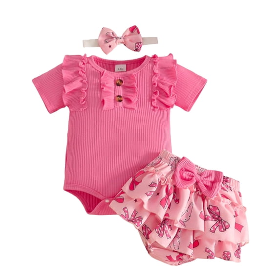 Tranfacy Kids Girls 0-18M Summer Solid Ruffle Sleeve Romper Bow Ruffle Shorts Outfits