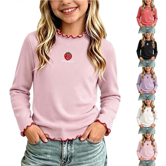 Tranfacy Kids Girls 1 to 12 Years Fall Long Sleeve Round Neck Blouses and Shirts Solid Lace Hem Relaxed Daily Inner Layering Tops