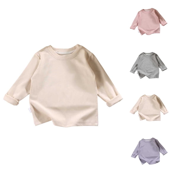 Tranfacy Middle Big Kids Boys Girls Fall Blouse and Shirt Pullover Casual Solid Long Sleeve Round‑Neck Layering Daily Outfit Tops for 0‑13 Years Old