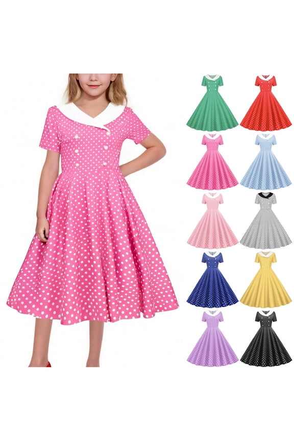 Kids Girls 5-14 Years Summer Print Turndown Collar Dress Short Sleeve Waist Button Dance Style