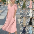 thumbnail image 1 of Tranfacy Kids Girls 5-16 Years Summer Solid Round Neck Dress Short Sleeve Linen Like Pocket All Match Daily Style, 1 of 5