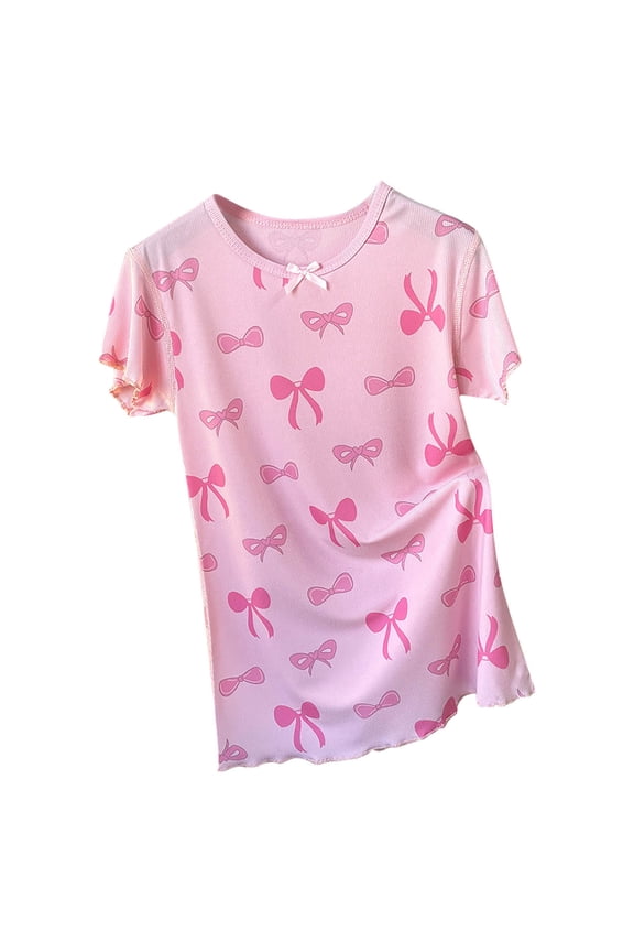 Kids Girls All Ages Summer Print Round Neck Dress Short Sleeve Ice Silk Lace Hem Home Midi Sleep Style